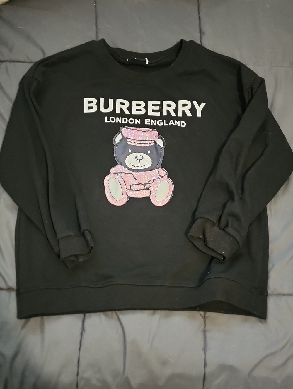Burberry Black Crewneck Sweater with Pink Bear Appliqué So Cute! Size Small